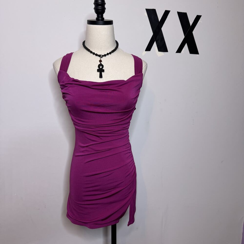 Lucy in the Sky Fuchsia Bodycon Lace Up Backless Ruched Mini Dress Baddie XS S